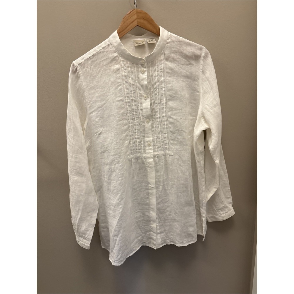L.L. Bean 100% Linen Top Peasant Long Sleeve Natural White Pin Tuck 267664 Tunic